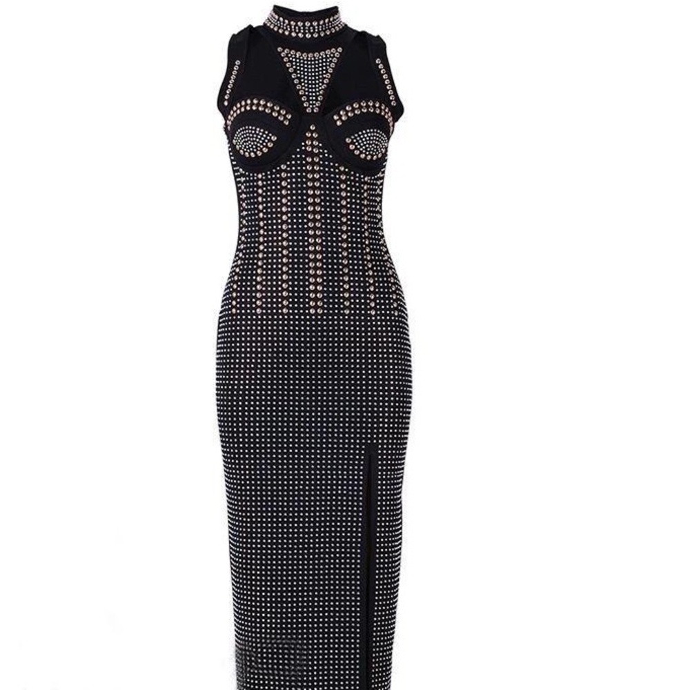 Glamorous Black Studded Hollywood Glam Dress